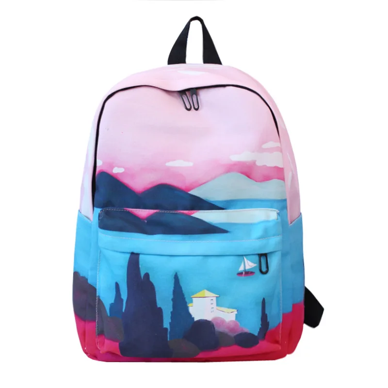 

2019 Korean Fashion Design Landscape Simple Backpack Women Casual Canvas Backpack School Bags For Teenager Girls Sac Rucksack