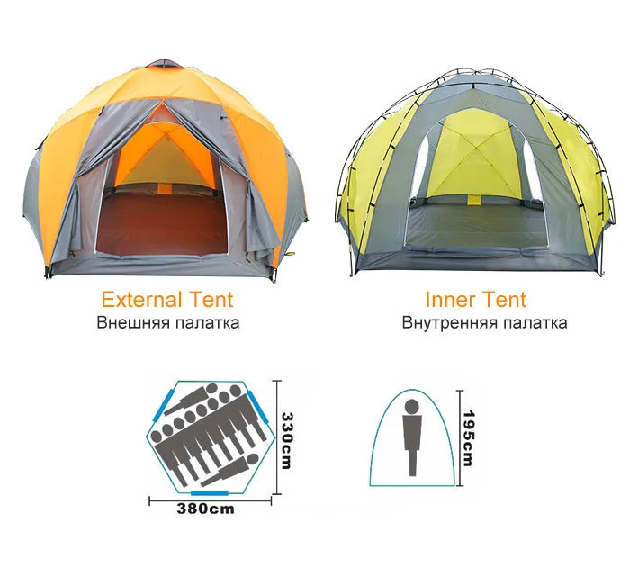 8-10 человек Высокое качество ветрозащитная Водонепроницаемая наружная 3000 мм Шестигранная палатка прочная семейная туристическая Шестерня вечерние Шатры