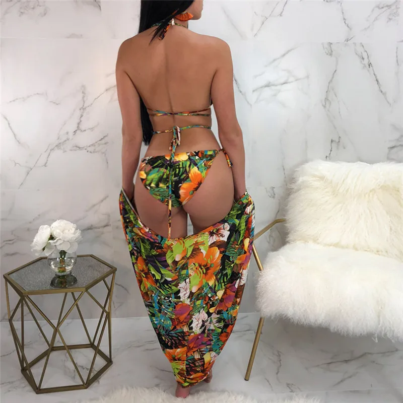 2018 Printed Beach Cover Up Cardigan Sexy Bikini Set (3)