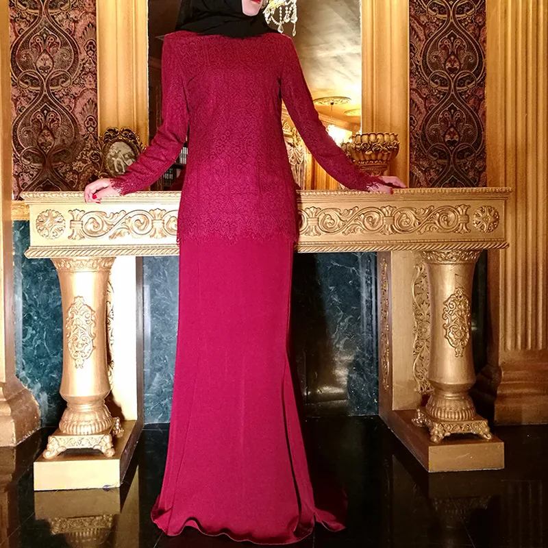 Кружево женские мусульманские платья Дубай абаи комплект халат с длинным рукавом 2 шт. кафтан элегантный дизайн Макси платья одежда 06