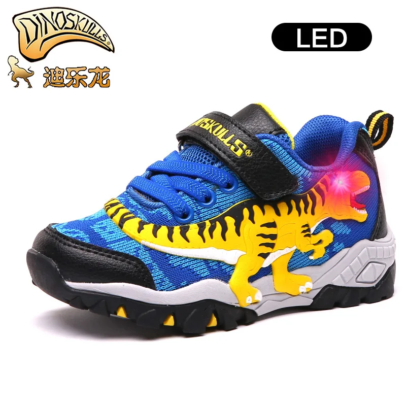 DINOSKULLS осенние теннисные светящиеся кроссовки для мальчиков динозавр светодиодный светильник дышащая детская спортивная обувь вязаная детская обувь T-rex - Цвет: Sapphire-LED