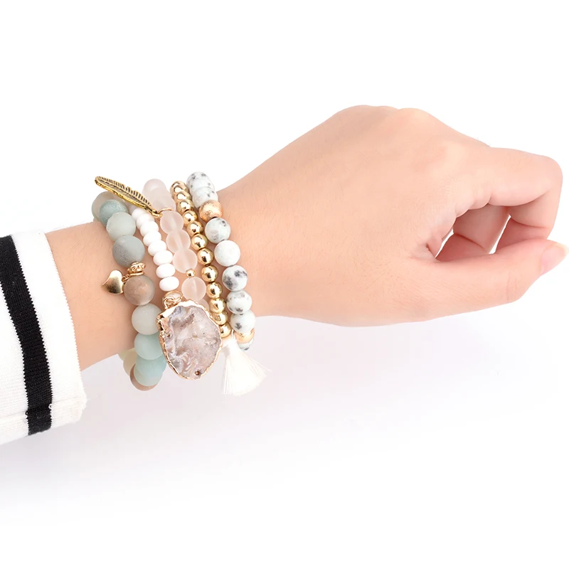 BOJIU Trendy Women Bracelet Set Natural Ag. Stone Druzy Stone Exquisite Leaf Pendant Bracelet Sets Festival Gifts BCSET20