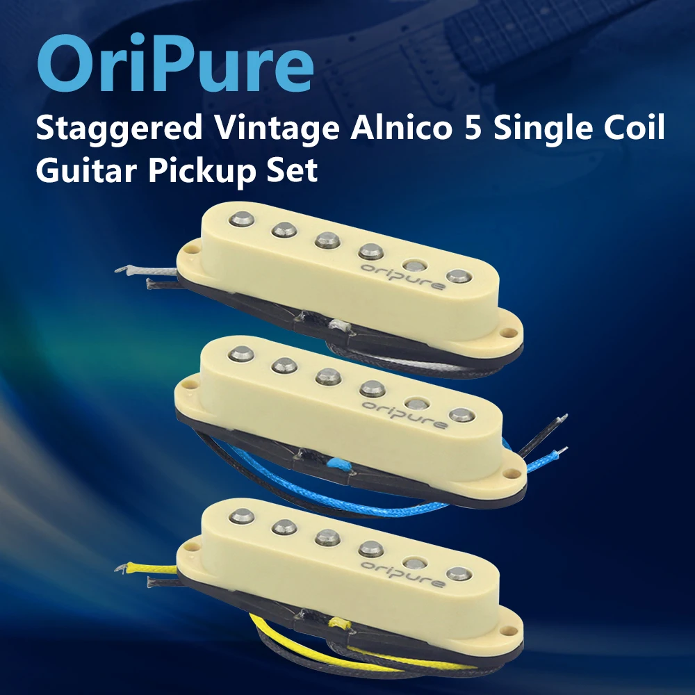 

OriPure 3pcs Vintage Alnico 5 Single Coil Pickups Strat Neck/Middle/Bridge Electric Guitar Pickup Set Staggered Top Guitar Parts