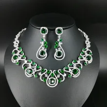2018 new fashion luxury retro GREEN CZ zircon necklace earring set,wedding bride dinner party banquet dress popular jewelry SET