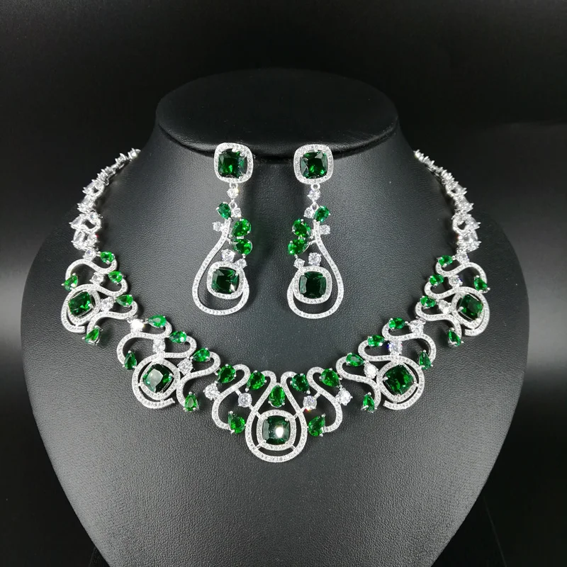 

2019 new fashion luxury retro GREEN CZ zircon necklace earring set,wedding bride dinner party banquet dress popular jewelry SET