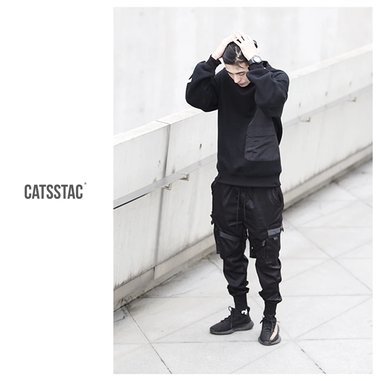 Мужские штаны-карго в стиле хип-хоп с несколькими карманами и лентами; черные тактические брюки; мужские повседневные узкие брюки для бега в стиле хип-хоп; брюки в стиле панк