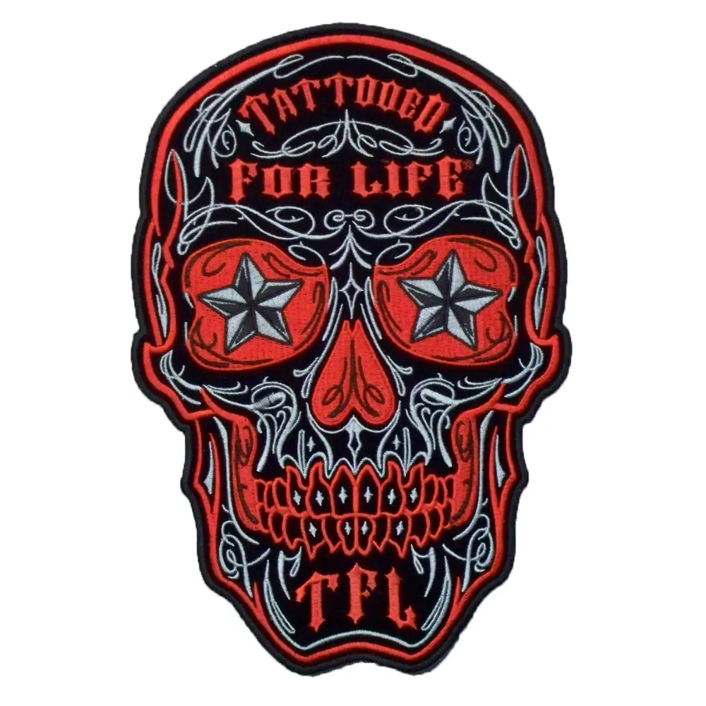 Red tattooed for life motorcycle embroidery iron on patch Skull custom punk biker cut stickers free shipping  (1)