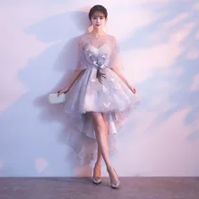 2018 Illusion Alta/baixo Pequeno Vestido de Baile 3d Apliques Sheer Neck Vestido de Festa À Noite Vestido De Festa De Gala Jurken pânico de Compra