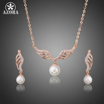 

AZORA Brand Rose Gold Color Angel Wings Shape Women Jewelry Sets Clear CZ and Simulated Pearl Necklace and Earrings Set TG0245