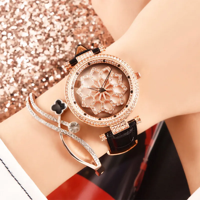 

Quartz Watches Chic Fashion Creative Rotating Diamond Flower Dial Clock Wrist for Women