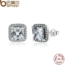 BAMOER 100% 925 Plata Esterlina Corte Asscher CZ Zirconia Pendientes Pequeños de Mujeres Pendientes de La Joyería PAS458