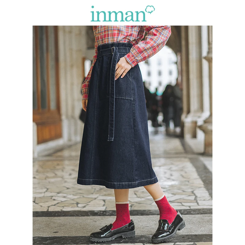 INMAN Spring Autumn Elastic Waist Fashion All Matched Patch Pocket Casual Literary Retro Women Medium Jean Skirt INMAN Spring Autumn Elastic Waist Fashion All Matched Patch Pocket Casual Literary Retro Women Medium Jean Skirt