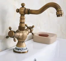 

Antique Brass Dual Cross Handles Ceramic Base Bathroom Kitchen Basin Sink Faucet Mixer Tap Swivel Spout Deck Mounted mnf601
