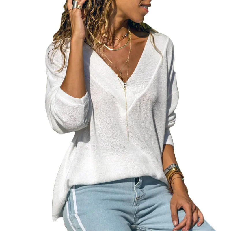 

Rogi Autumn Spring Solid Knitted Sweater Women 2019 Casual Long Sleeve V-Neck Jumper Slim Office Female Pullover Tops Pull Femme