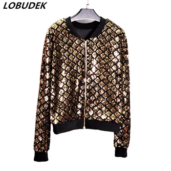 

Spring Women Baseball Jackets Gold Silvery Black Sequins Loose Coat Autumn Female Casual Outwear Bling Sequined Jacket Clothing