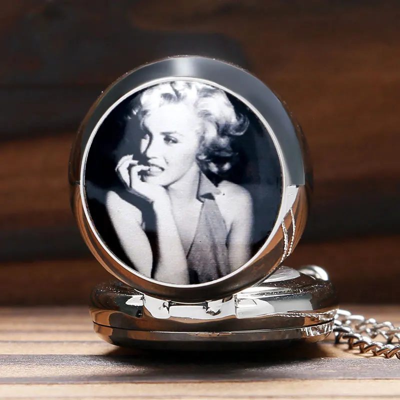 Популярные Мэрилин Монро узор Мода Серебряное ожерелье цепь Малый кварцевые карманные часы кулон с мини-зеркало в подарок