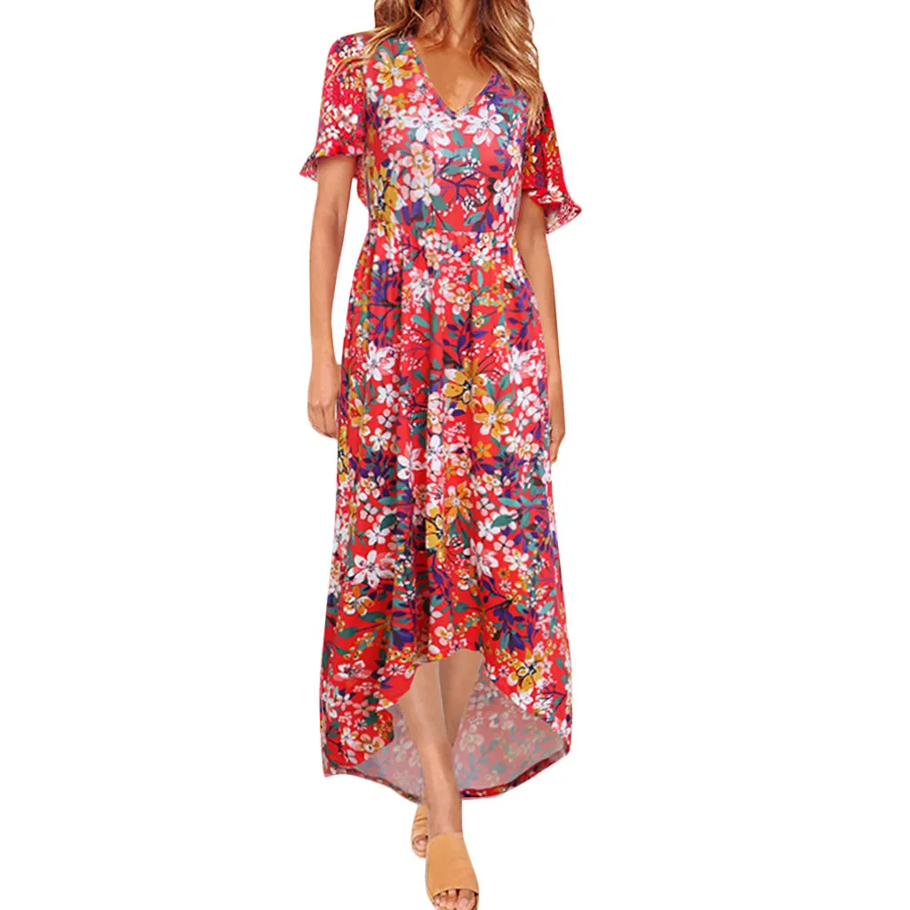

SAGACE Women's Dress Summer 2019 Short Sleeve Sexy VNeck Front-Short Back Long Printed Dresses Loose Beach Dress Floral Sundress