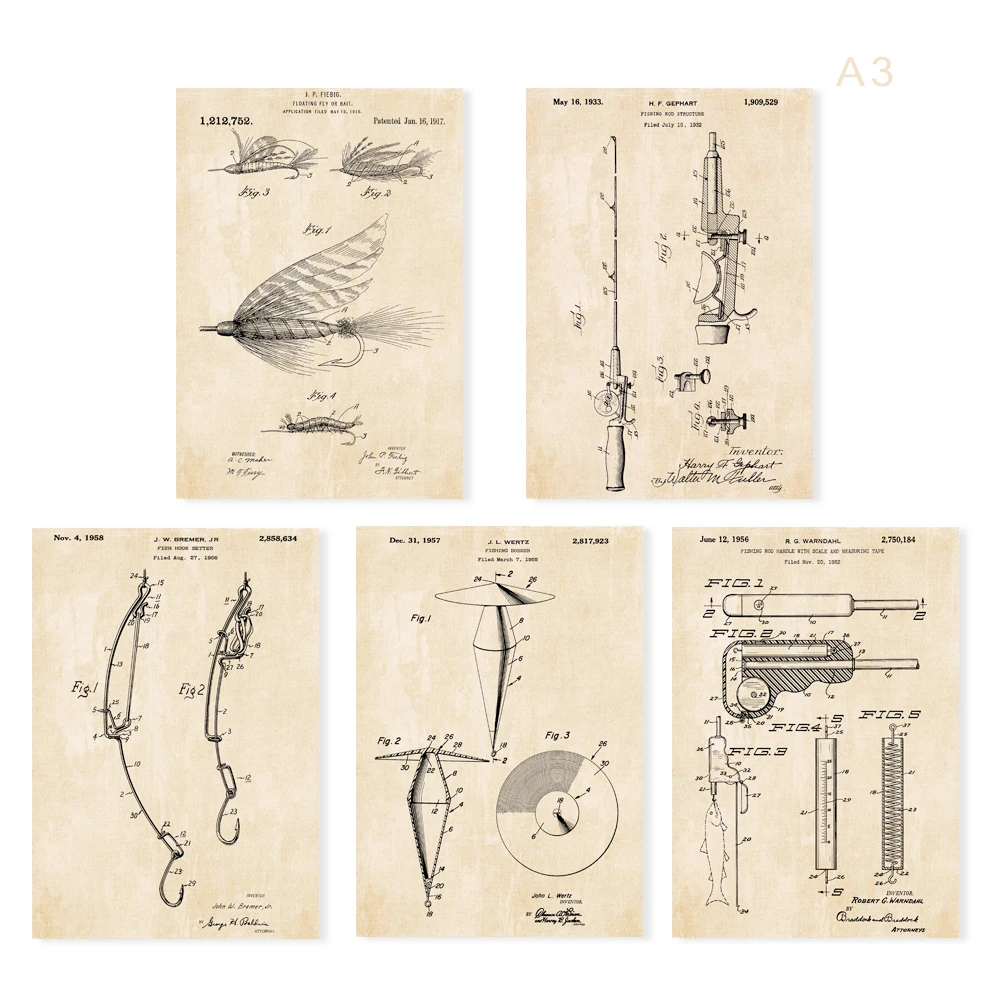 

Vintage patent art fishing floating fly baiter bobber hooker Rod and fish measure tape art prints 5 in 1 for wall frame