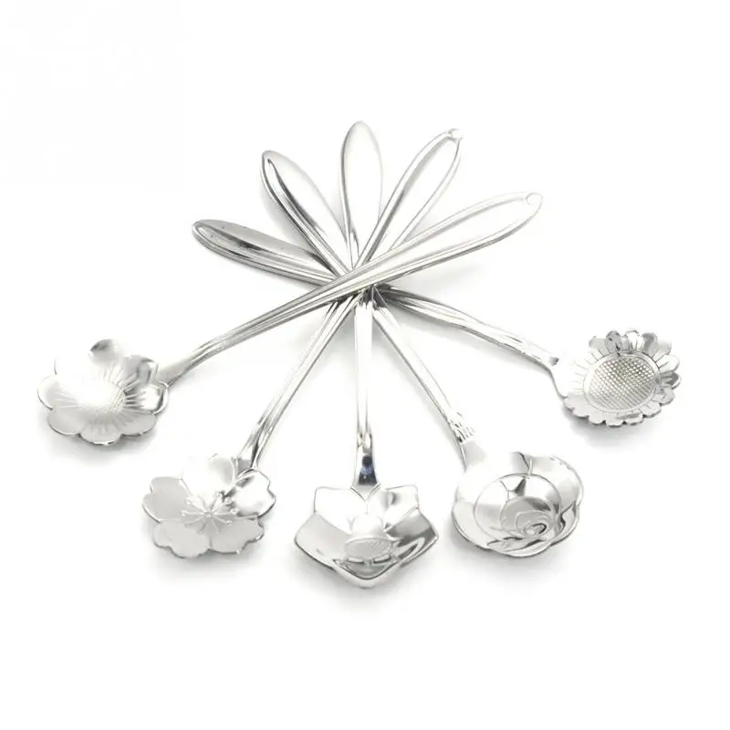 

5Pcs/Lot Tableware Flower Shape Sugar Stainless Steel Silver Tea Coffee Spoon Teaspoons Ice Cream Flatware Kitchen Tools
