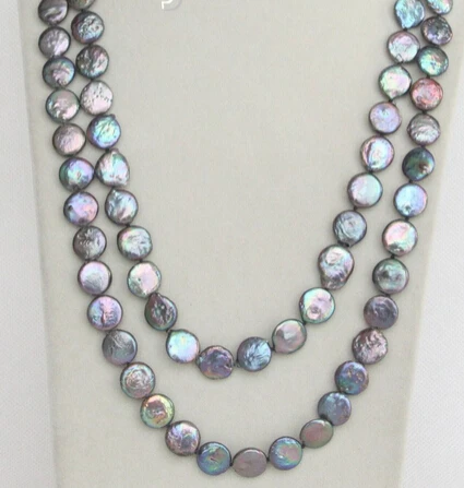 

HOT 001948 length 48" 12mm coin fastener black freshwater pearls necklace