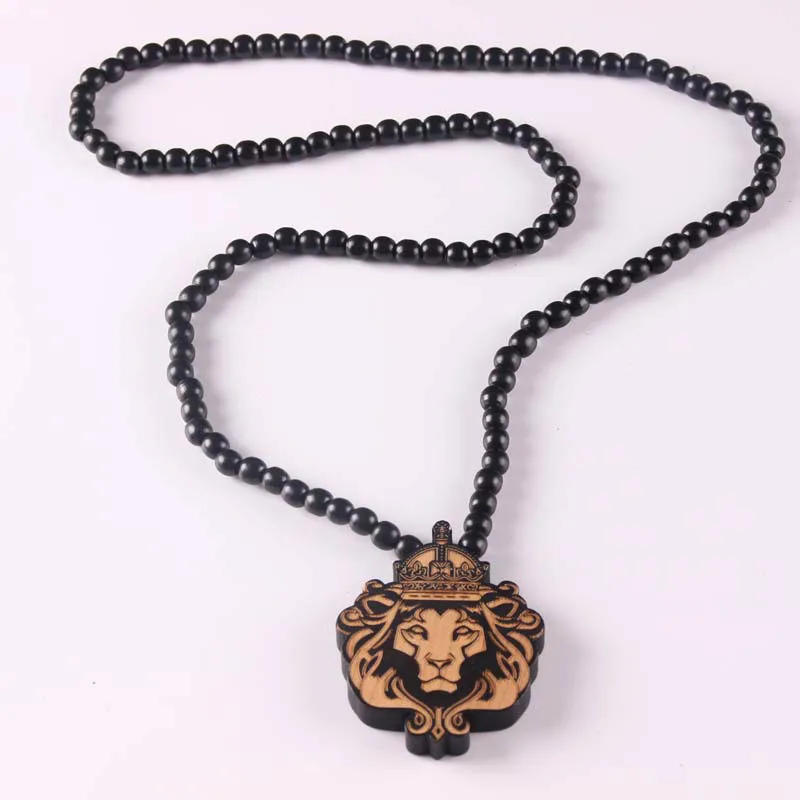 Animal Laser Engraved Pendant Wooden Bead Necklace Solid Wood Lion