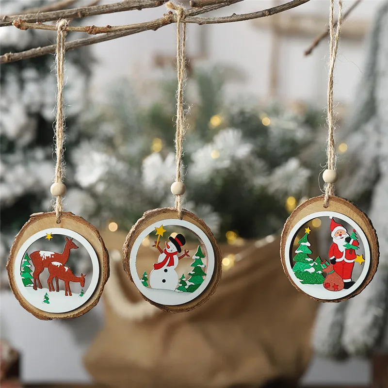 

2019 Santa Claus Elk New Year Natural Wood Christmas Tree Ornaments Pendant Hanging Gifts Xmas Decor Home Party Decorations