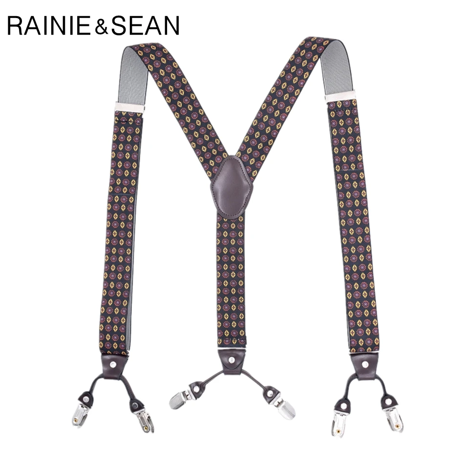 

RAINIE SEAN Suspenders Men Print 6 Clips Plus Size 125cm Male Suspenders Wedding Mens Braces For Trousers Suspenders For Shirt
