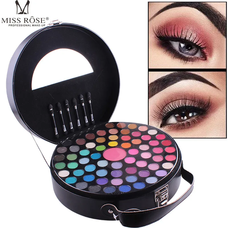 

Miss Rose 65 Color Makeup Eyeshadow Palette Round Shape Cosmetic Bag Shiny Eye Shadow Blusher Collection Makeup Brush Set Kit