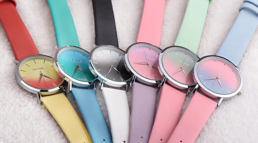 Радужные дизайнерские часы, женские ретро часы с кожаным ремешком, аналоговые кварцевые наручные часы, женские часы, Relogio Feminino# YL5