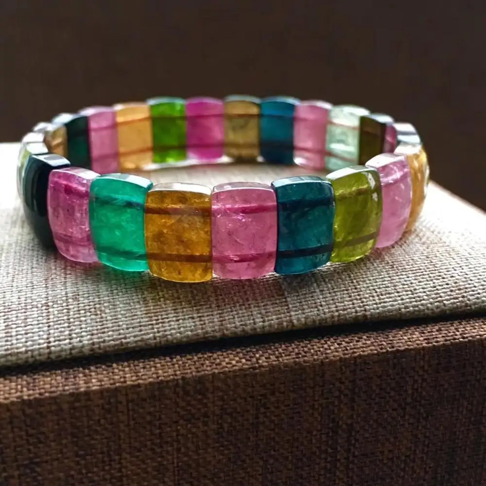 

Genuine Natural Rainbow Colorful Tourmaline Clear Rare Bracelet Rectangle Beads 12x8mm Crystal Brazil Bangle AAAAA Certificate