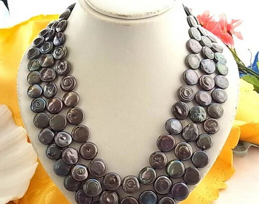 

Miss charm Jew2089 3ROW 14MM BLACK COIN FRESHWATER CULTURED PEARL NECKLACE