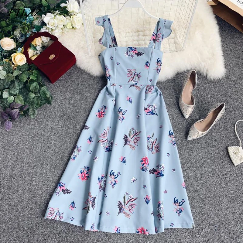 

FTLZZ 2019 Summer Women Flower Print Tank Dress High Waist Strapless Spaghetti Strap Dress Elegant Dress Vestidos