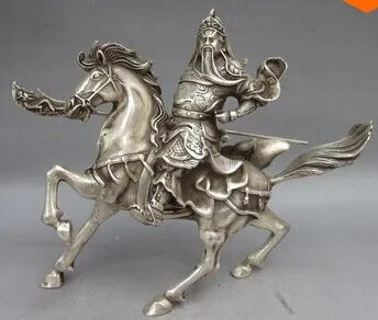 

2014 Time-limited New China Chinese Antique Collectibles Old White Copper Handwork Tibet Silver Warrior God Guan Yu Statue