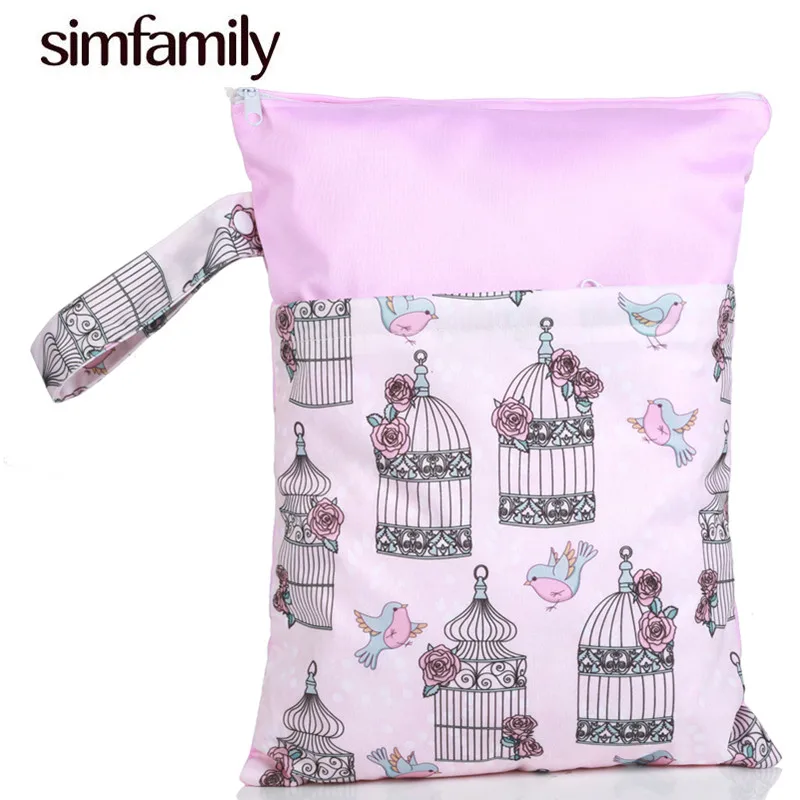 

[simfamily]1PC Reusable Water resistant Printed PUL Diaper Wet Bag Double Pocket,Cloth Handle,28x36CM Wholesale Selling