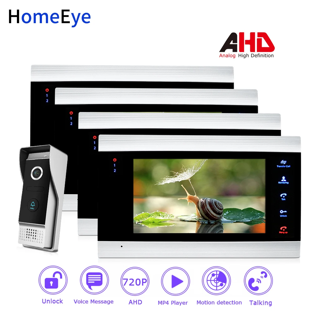 HomeEye 720P AHD Video Door Phone Video Intercom Home Access Control System 1-4 Motion Detection Security Alarm DoorBell Speaker