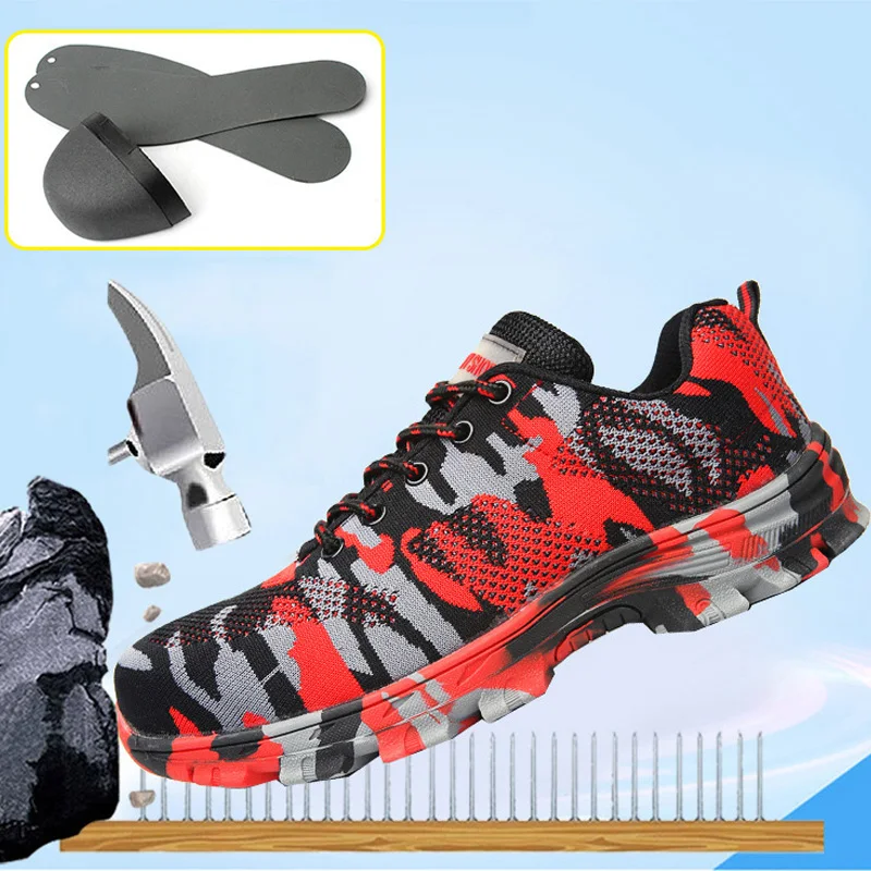 

Men Shoes Steel Toe Shoes Work Safety Boot Camouflage Breathable Flying Woven Work Boots Labor Insurance Puncture Proof Shoes