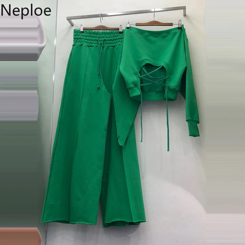

Neploe Autumn Two Suits Backless Cross Bandage Slash Neck Short Sweatshirt + Stretch Waist Wide Leg Pants New Women Sets 53936
