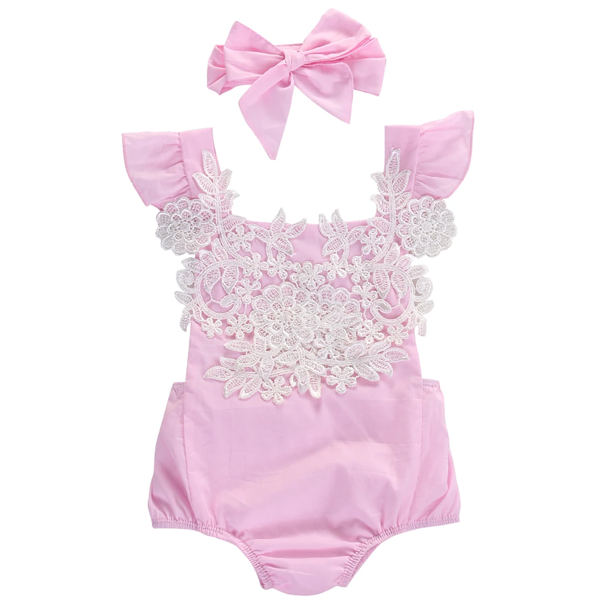 

Newborn Baby Girl Bodysuit Pink Lace Floral Patchwork Sleeveless Backless Jumpsuit Headband Outfits Clothes