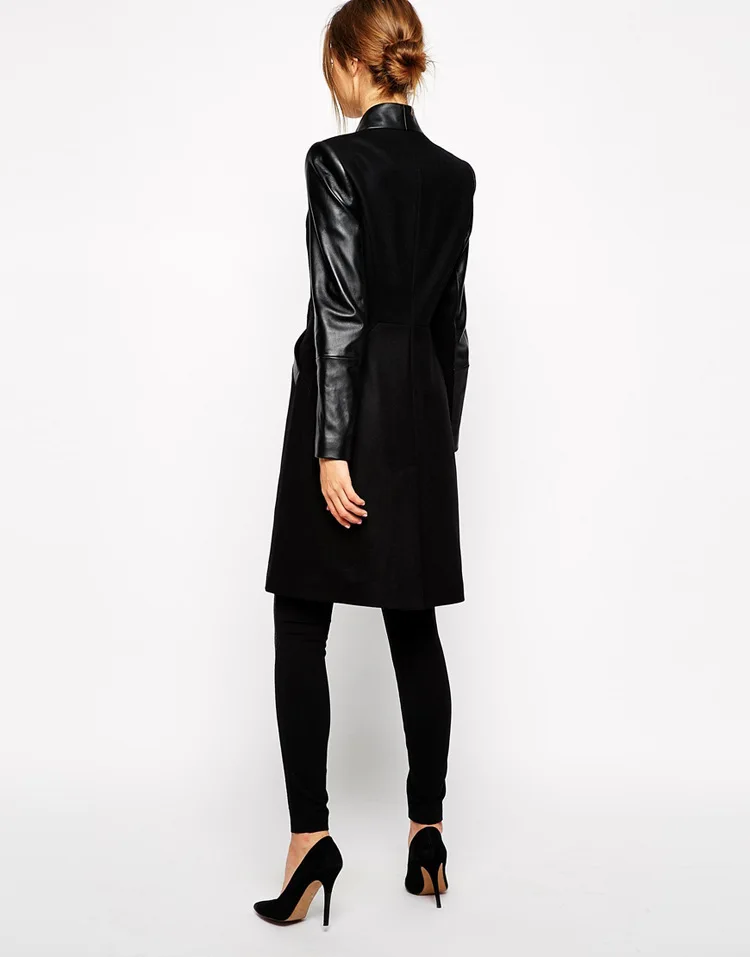 Зимнее женское пальто черное из искусственной кожи с карманами|female coat|brand coatcoat brand