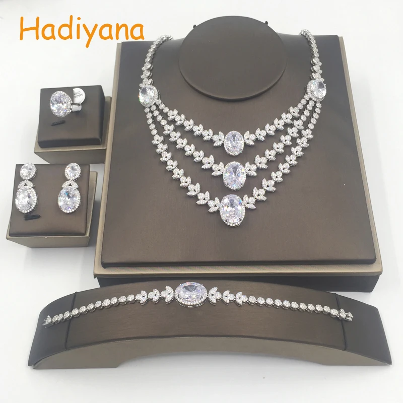 

Hadiyana New Design Red Jewelry Set With Big Waterdrop Zincons Fashion Multi-layer Floral Copper 4PC Sets Jewelry Style CN141