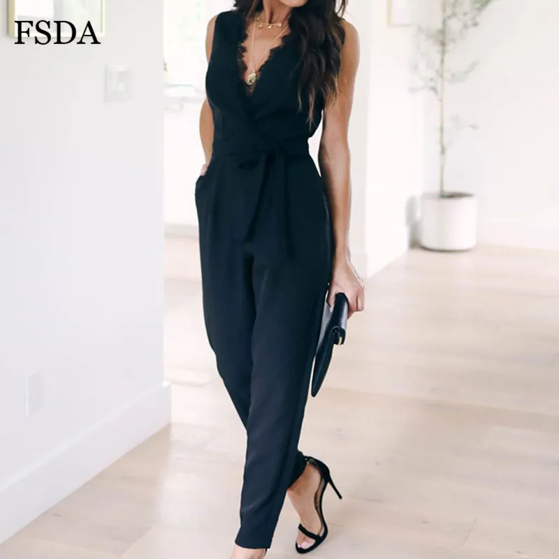 

FSDA Lace Deep V Neck Jumpsuit Sleeveless Black Sashes Lace Up Bow Casual Women Summer Jumpsuits