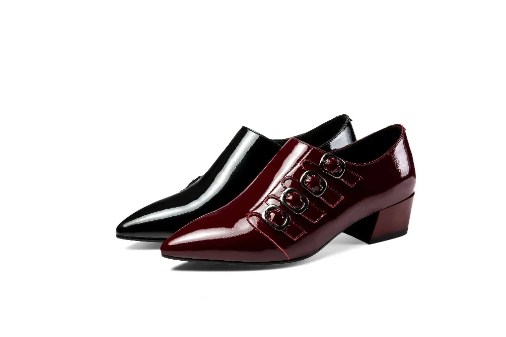 Vache Pot Bout Mature Cuir Taille vin L12 Plus Krazing Noir Rouge La Pompes Décoration Bas Tirette Pointu Européenne Boucles Chunky Talons En Verni Femme q5xdwXT