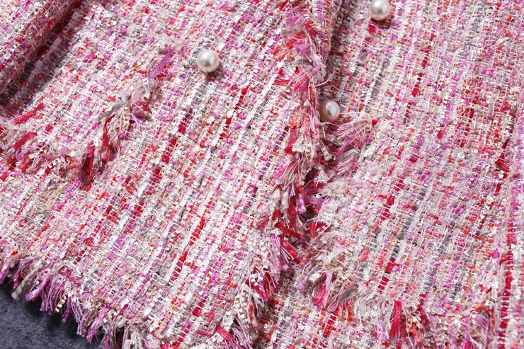 Розовый твидовый жакет с бусинами пальто в длинном разделе Осень/Зима Женское пальто pull suit ladies socialite пальто