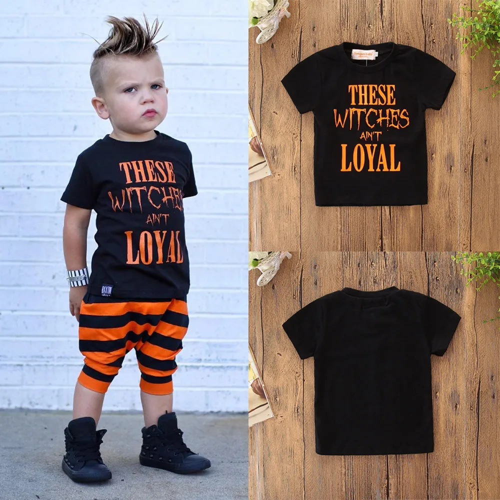 

Free Shipping Fashion Halloween Toddler Kids Baby Boys Cotton Letter Short Sleeve O-Neck Tops Clothes Outfits 2018 NEW