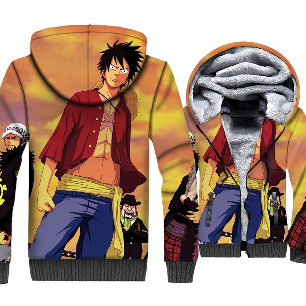 

Japanese Anime One Piece 3D Print Hoodie Men Luffy Hooded Sweatshirt 2018 Winter Thick Fleece Zip up Jacket The Pirate King Coat