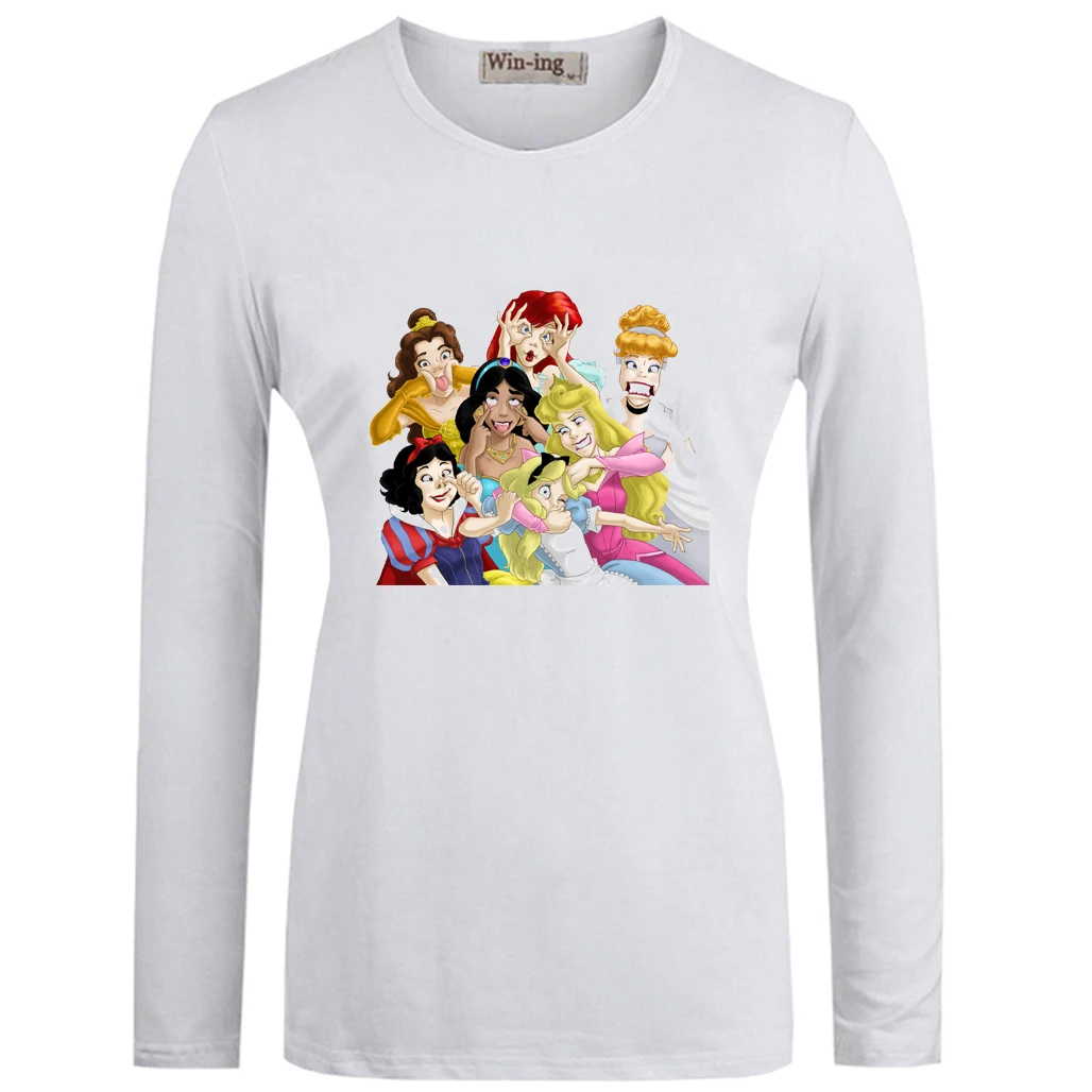 Image T shirts Funny Snow White Cinderella Aurora Ariel Belle Jasmine Rapunzel Alice Princess Graphic Women Long Sleeves T shirt Tee