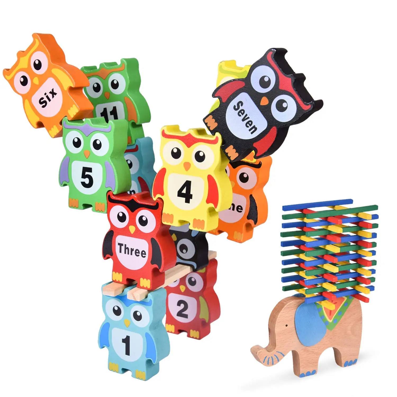 

Wooden Toys Building Blocks, Elephant and Owl Building Balancing Games Educational Stacking Toys