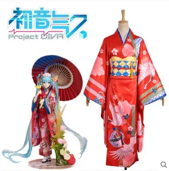 

Free shipping Hatsune Miku Anime Cartoon Cosplay Halloween VOCALOID Woman Cosplay Japanese Crane kimono Costume