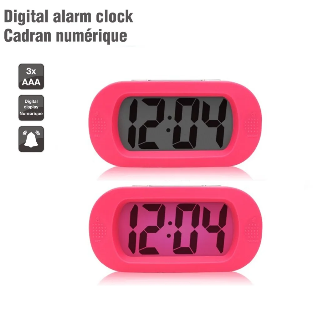 Розовый цветной силикон будильник настольные часы функция повтора, подсветка светодиодный дисплей цифровой Настольный будильник ночник для девочки подарок