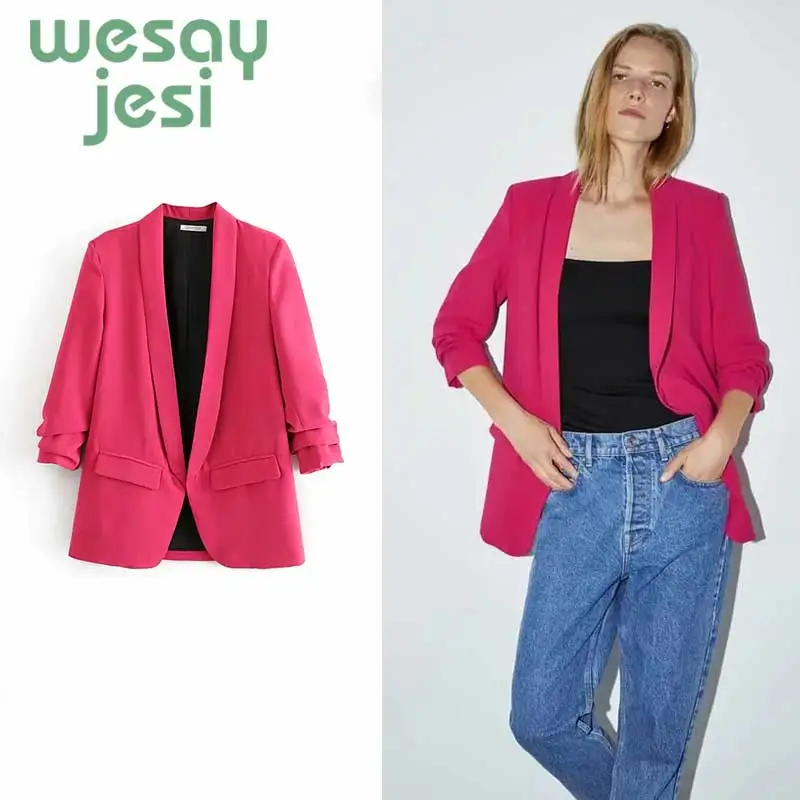 2019 Vintage Women Blazer Pockets Jackets Female Retro Suits Coat  Khaki Blazer Loose Coat Streetwear